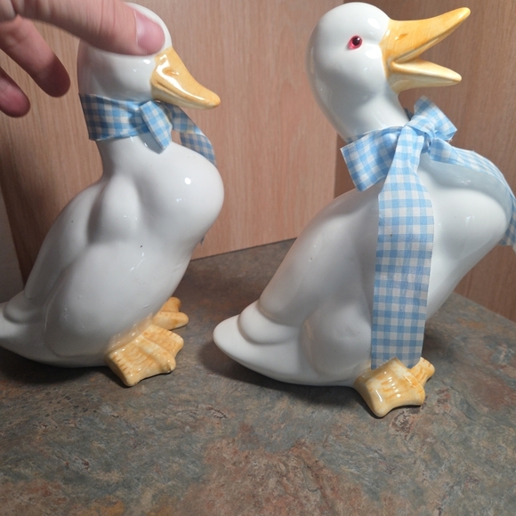 Ceramic Duck Figurines with Blue Gingham Bows - Picture 2 of 7